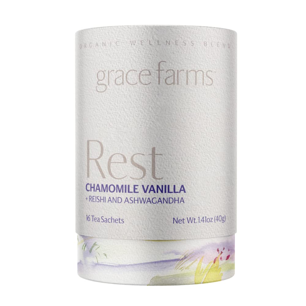 Grace Farms REST Wellness Organic Tea Blend (16 Pyramid Sachets) | Sleep and Stress Support For Evening | Chamomile Vanilla Tea with Adaptogenic Herbs