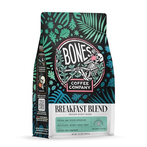 Bones Coffee Company Breakfast Blend, Chocolate, Honey and Dried Fruit Notes, Unflavored Coffee, Medium Roast Low Acid Arabica Beans Compatible