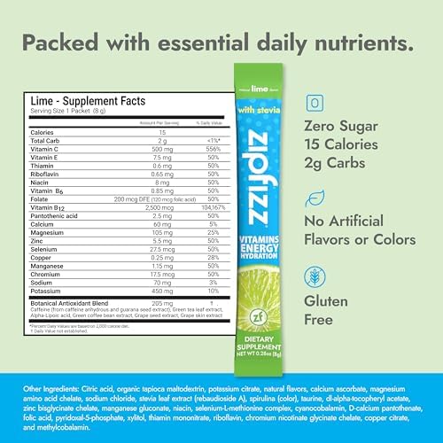 Zipfizz Stevia Energy Drink Powder, Lime, 10 Pack - 3-in-1 Sustained Energy, Rapid Hydration & Essential Vitamins - Sugar-Free, Non-Effervescent