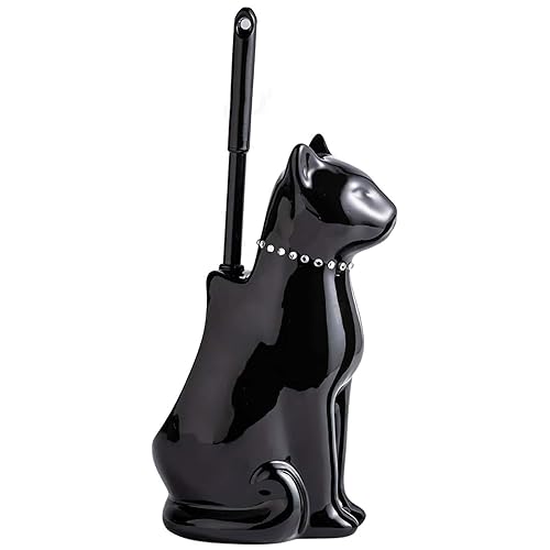 Cat Toilet Brush Holder - Ceramic Whimsical Feline Design with Wide-Mouth Storage, Black Toilet Bowl Brush and Holder Set Cute for Bathroom Ground