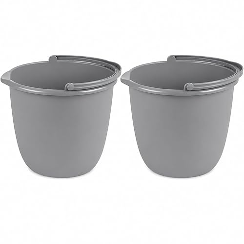 10 Qt. Spout Pail 2 Pack - Classic Titanium Plastic Utility Bucket with Comfortable Handle, Durable Multi-Purpose Pail for Household Cleaning