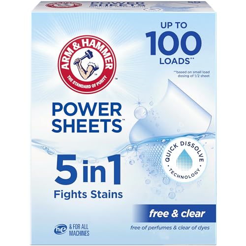 ARM & HAMMER 5in1 Power Sheets Laundry Detergent, Free & Clear, 50 Count, up to 100 Small Loads