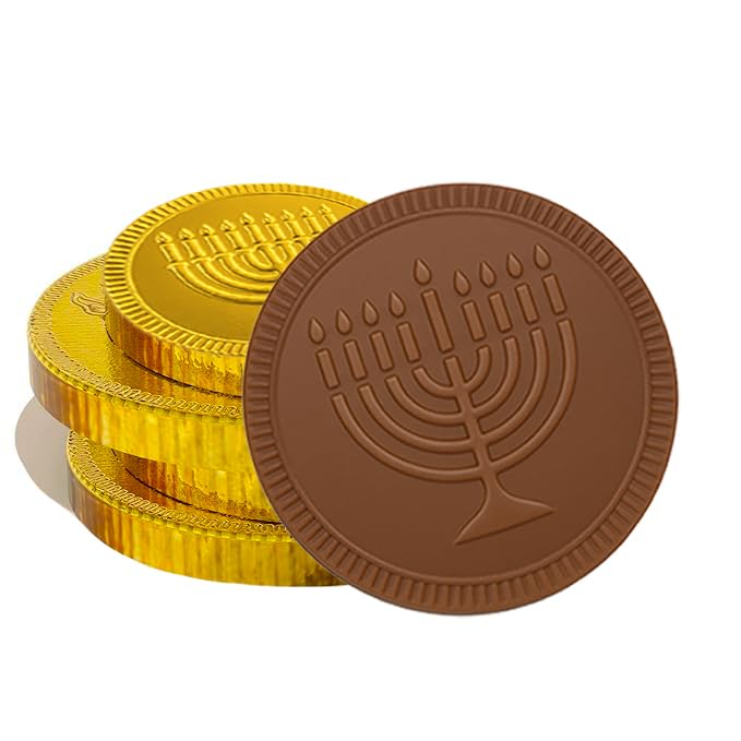 The Dreidel Company Hanukkah Chocolate Gelt, 24-Mesh Bags of Milk Chocolate Coins, Kosher Certified OU-D Dairy Dreidel and Menorah Design Chanukah
