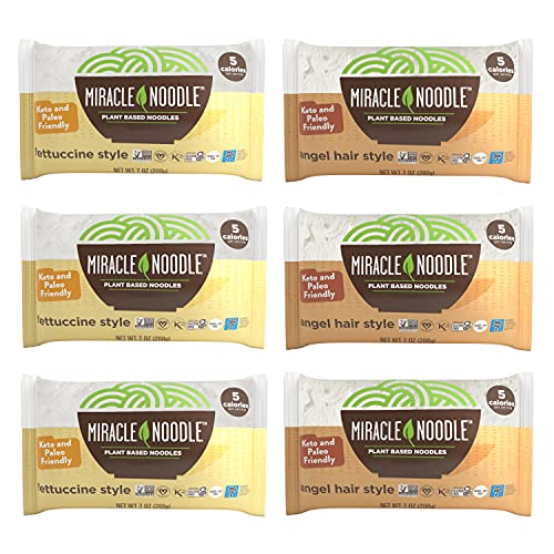 Miracle Noodle Variety Pack (Pack of 6), Angel Hair, Fettuccine, Plant Based Shirataki Konjac Noodles, 5 Calories, 1g Net Carbs Per Serving, Keto