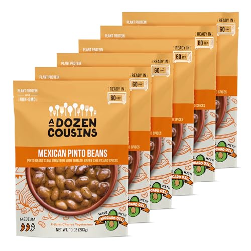 A Dozen Cousins Vegan Mexican Pinto Cowboy Beans 6pk, Seasoned Healthy Microwave Beans in Avocado Oil, Ready to Eat Prepared Food, Easy Plant Protein