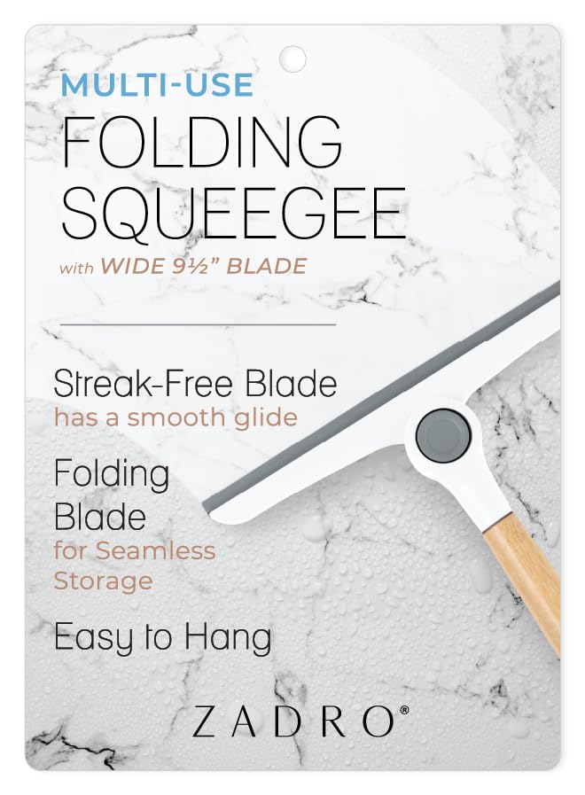 Zadro Multi-Use Folding Squeegee w/Bamboo Handle & Silicone Hang Loop (9.5-inch Wide, Bamboo/White/Gray)