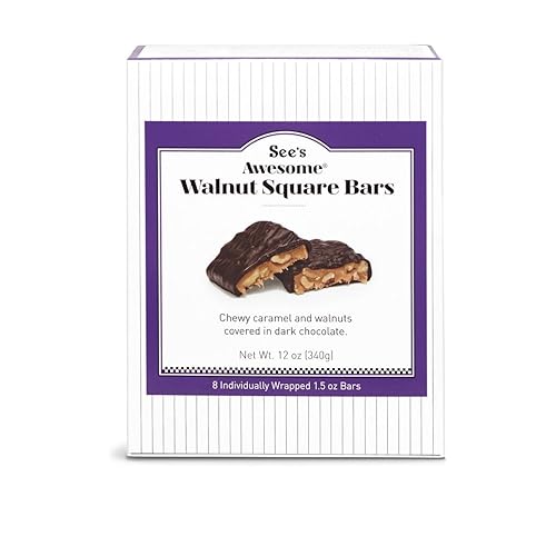 See’s Awesome Walnut Square Bars - Rich Dark Chocolate Bars with Walnuts & Caramel, Individually Wrapped Treats (8 Bars)