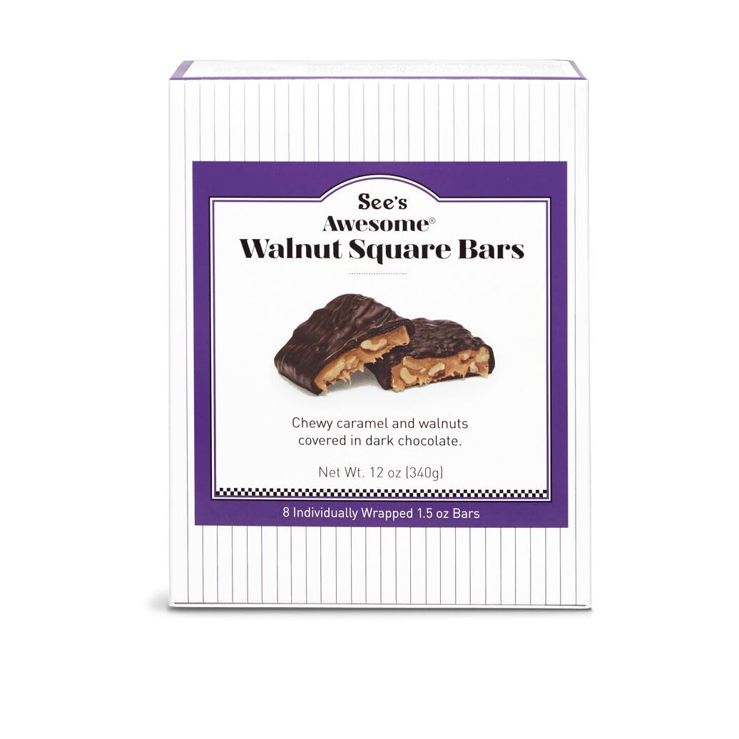 See’s Awesome Walnut Square Bars - Rich Dark Chocolate Bars with Walnuts & Caramel, Individually Wrapped Treats (8 Bars)