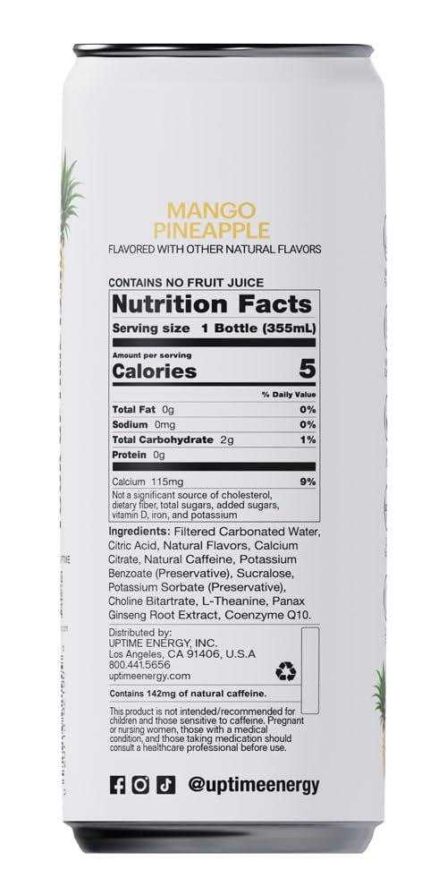 UPTIME Energy Drink, Mango Pineapple, 12 Pack, Vitamin C, L Theanine, Calcium, Sugar Free Energy Drinks for Focus Support, 142mg of Natural Caffeine