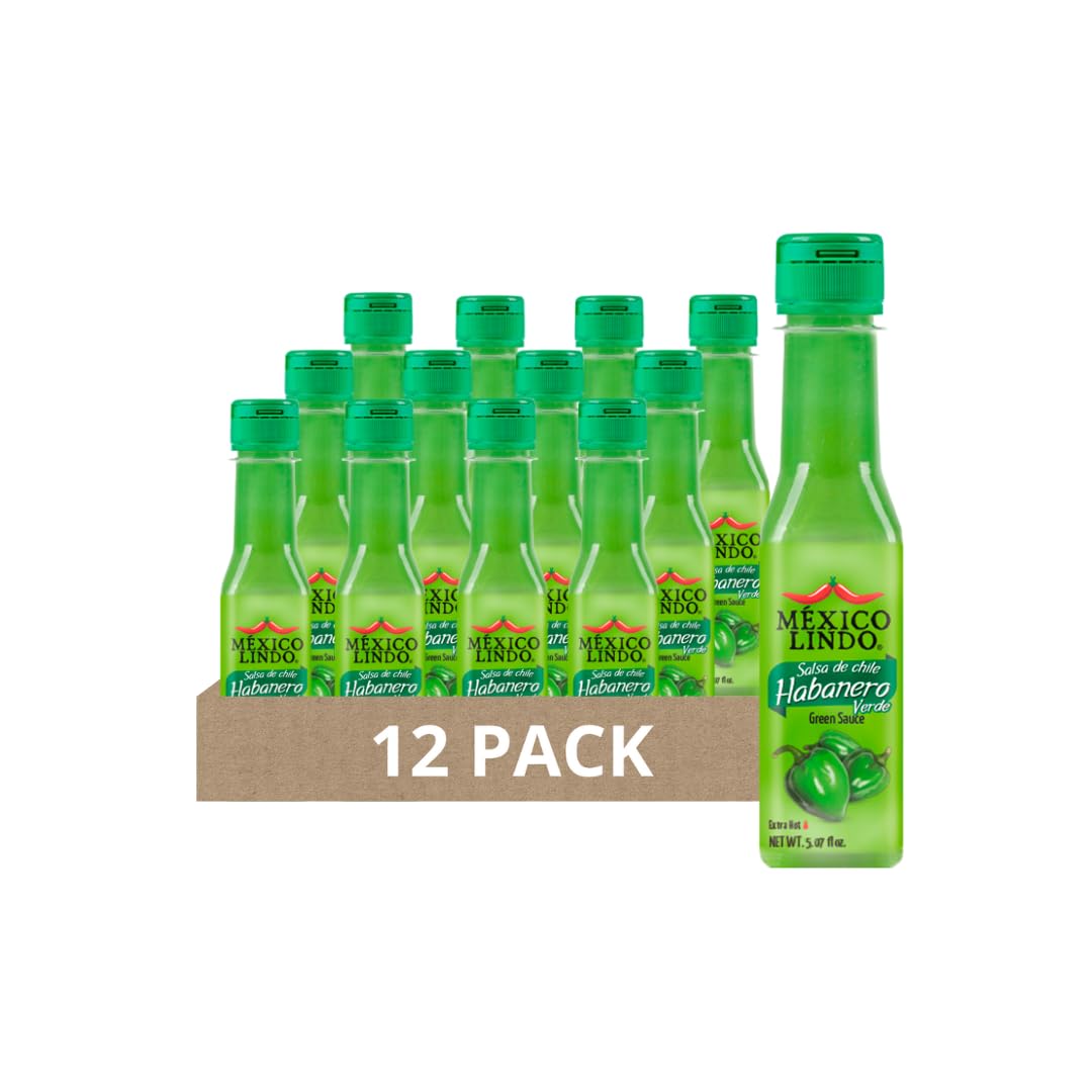 Mexico Lindo Green Habanero Hot Sauce | Real Green Habanero Chili Pepper | Enjoy with Mexican Food, Seafood & Pasta | 5 Fl Oz Bottles (Pack of 12)