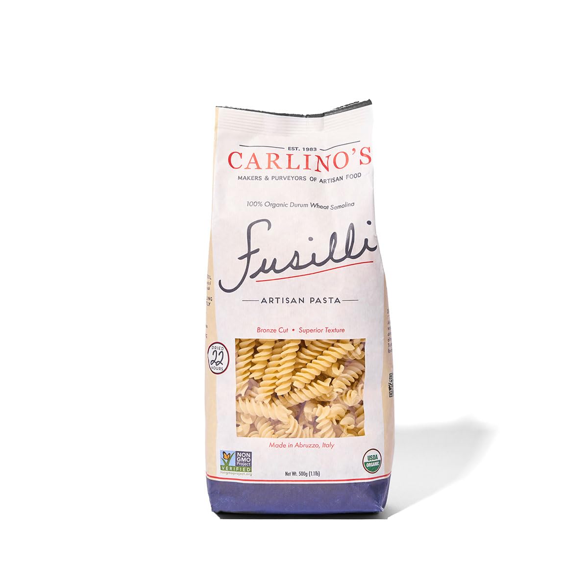 Carlino's Dried Fusilli| Organic Durum Wheat Semolina | Bronze Die Cut | Air Dried | Non-GMO, USDA Organic, Made in Italy, 17.6 Oz (Pack of 4)