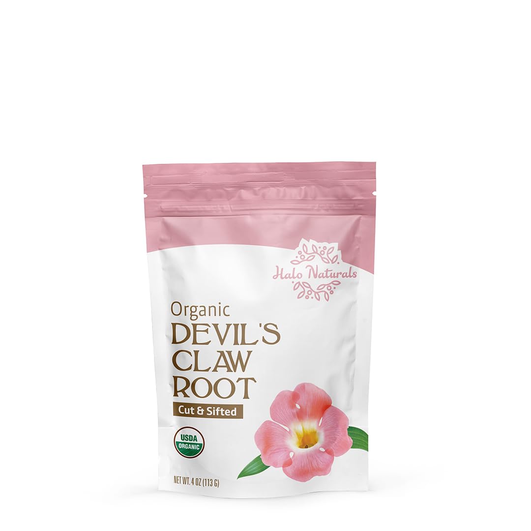 Halo Naturals Organic Devil's Claw Root Cut & Sifted, 4 Ounces (Harpagophytum zeyheri) USDA Certified | Resealable Pouch| Packaged in The USA