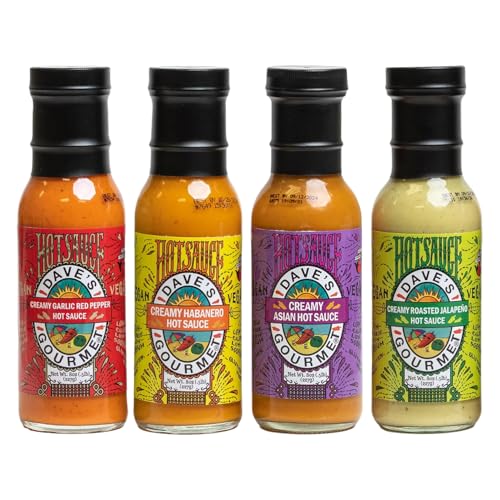 Dave’s Gourmet Creamy Hot Sauce Variety 4-Pack - Jalapeño, Garlic Red Pepper, Asian & Habanero Sauces - Medium Heat, Creamy Texture - Vegan