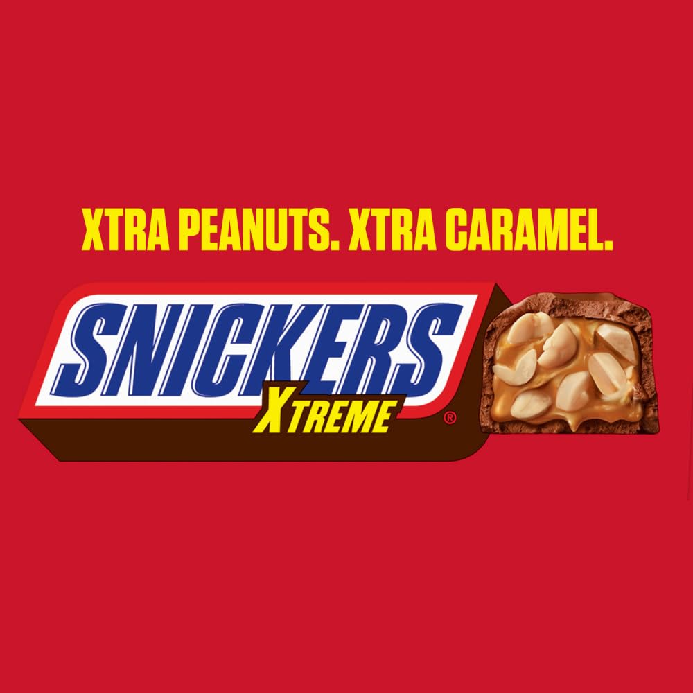 SNICKERS Xtreme Peanut and Caramel Chocolate Extra Peanuts, Extra Caramel Candy Bar, 1.55 Oz Single Bar, 24 Count