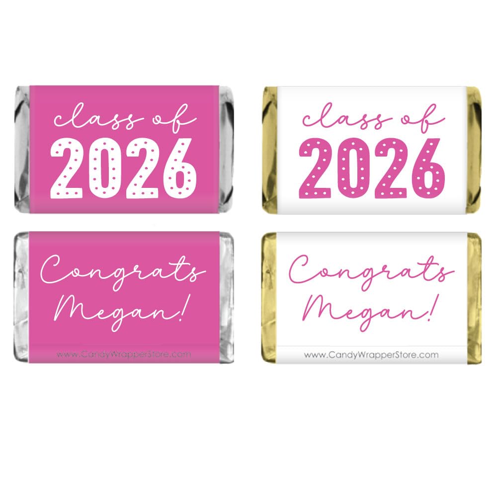 Class of 2026 Dots Graduation Miniature Candy Bar Wrappers - Set of 100 wrappers (candy not included) (Fuschia)