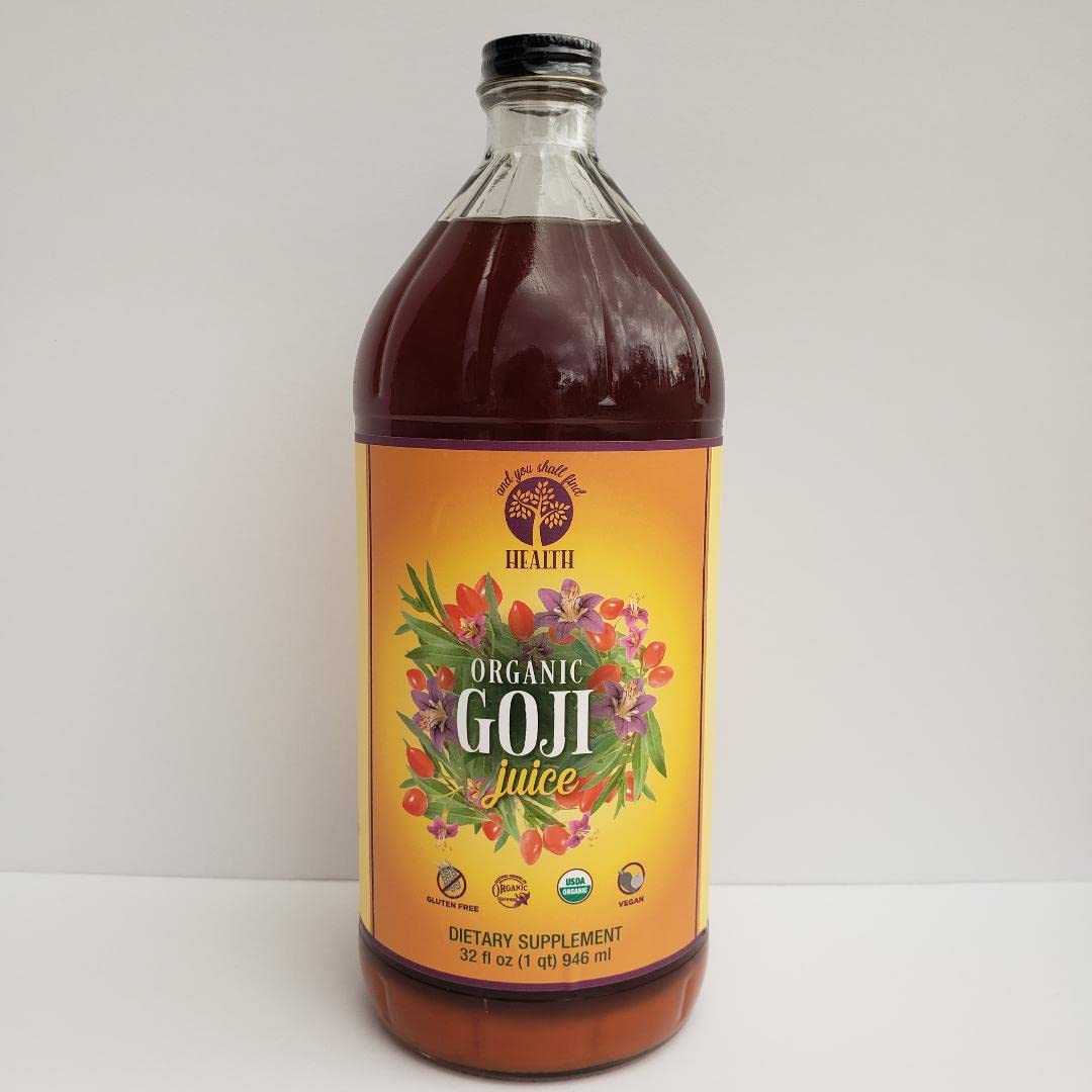 Organic Only GOJI Fruit Juice 100% Pure Puree 32oz (1qt) GLASS Bottle - The Happy Berry Vitamin Rich Super Juice Traditionally Prepared - 30g Goji
