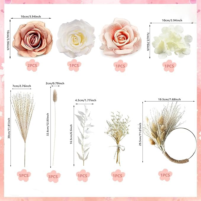Boho Cake Decorations Flower Cake Toppers Pampas Grass Cake Topper for Wedding Bridal Baby Shower Birthday Party Supplies (Apricot Pink White)