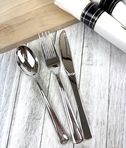 Pre-Rolled Dinner Napkin and Cutlery, Silver/Metallic Plastic (30 Sets)