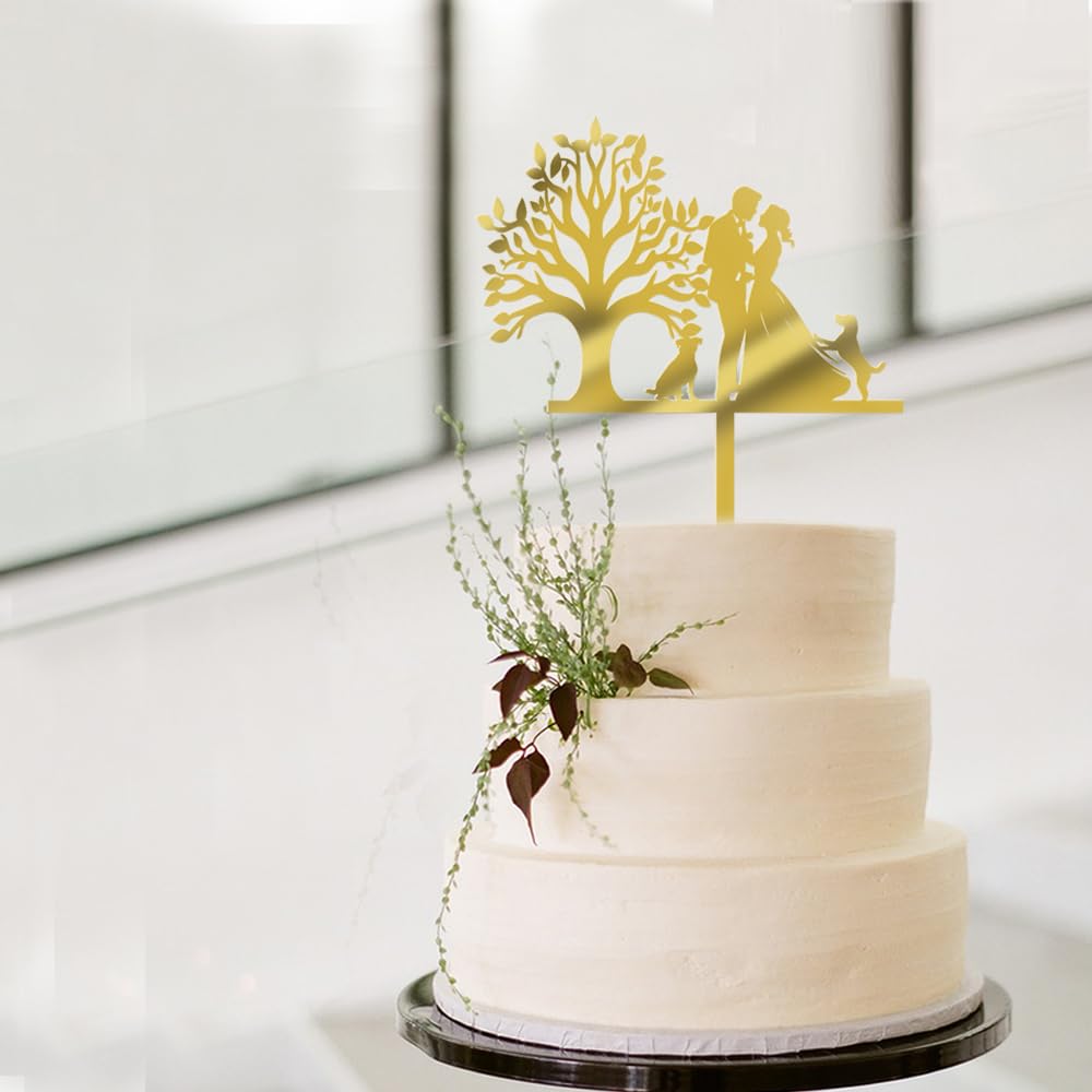 Acrylic Mr & Mrs Cake Topper -Wedding Engagement Bridal Shower Cake Topper,Bride Hold Groom with Flowers Besides 2 Pet Dogs Silhouette Cake
