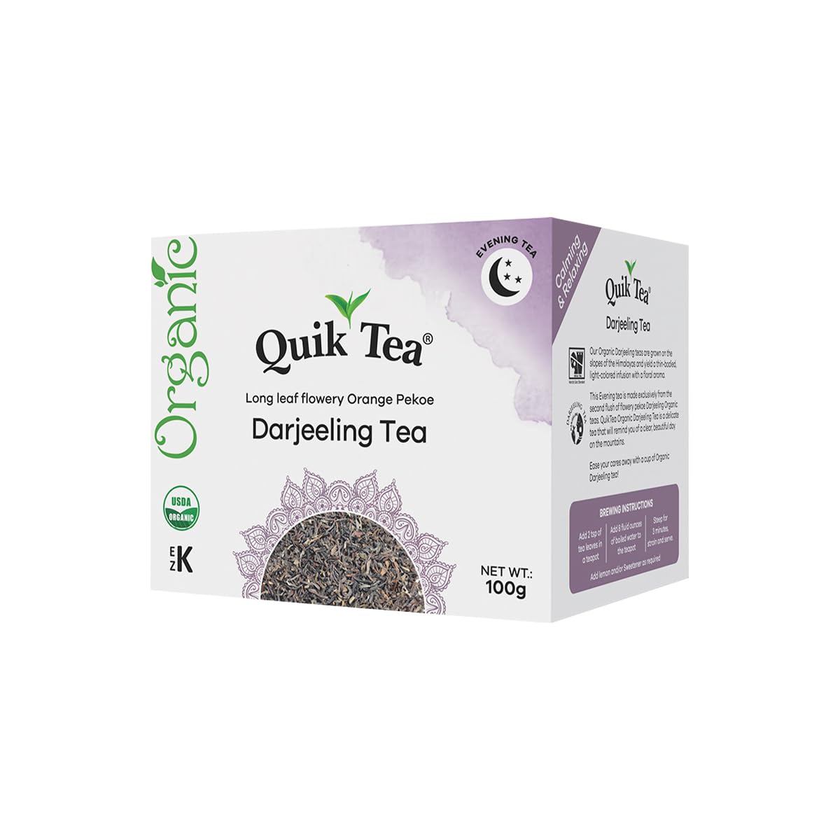 QuikTea Organic Darjeeling Tea | Long Leaf, Single Box 3.52 oz (100 Grams) | All-Natural, certified Organic, Fragrant Long Leaf tea from Darjeeling