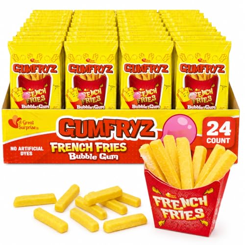 French Fries Bubble Gum - 24 Count Bulk Pack - Novelty Fry-Shaped Bubble Gum Bags - No Artificial Dyes - Fun Food Theme Party Candy