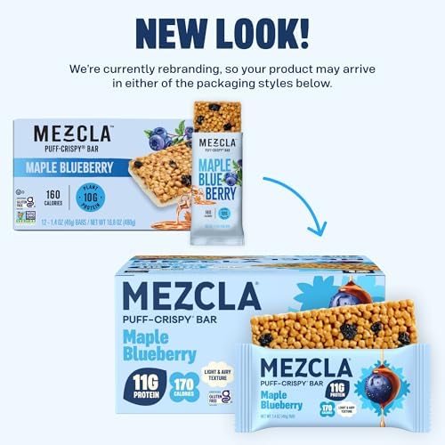 Mezcla Puff-Crispy Plant Based Protein Bars - Maple Blueberry - Healthy Snacks for Adults & Kids - Granola Bars for School, Travel, Office Snacks