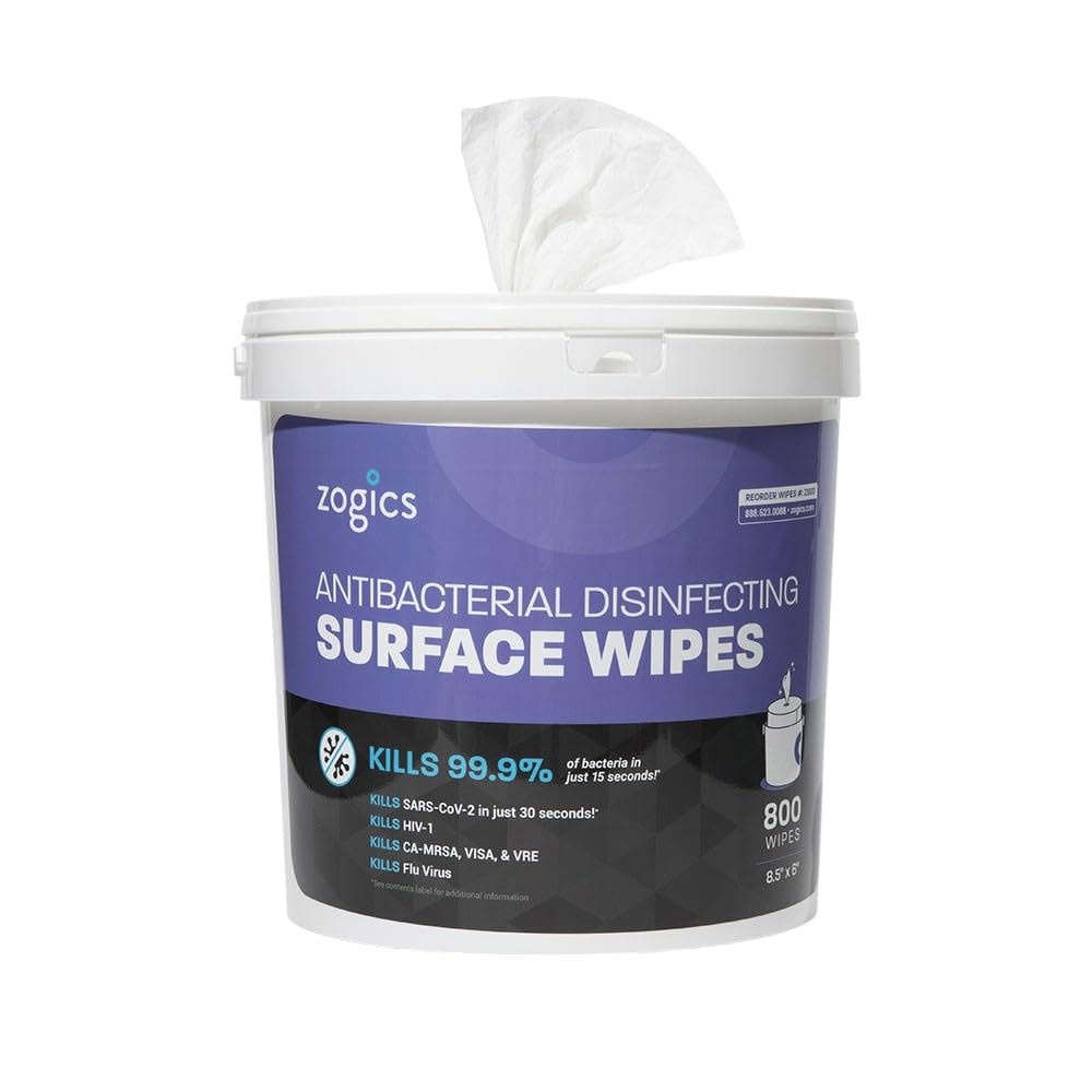 Zogics Antibacterial Wipes, EPA Registered Surface and Gym Equipment Disinfecting Wipes (800 Wipes) + Reusable Wipe Bucket Dispenser