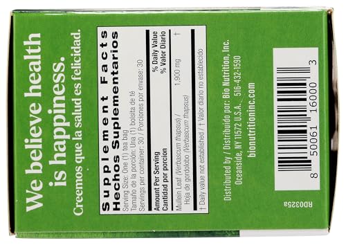 Bio Nutrition Mullein Leaf Tea, Caffeine Free, 30 Tea Bags, 2.01 oz (57 g)