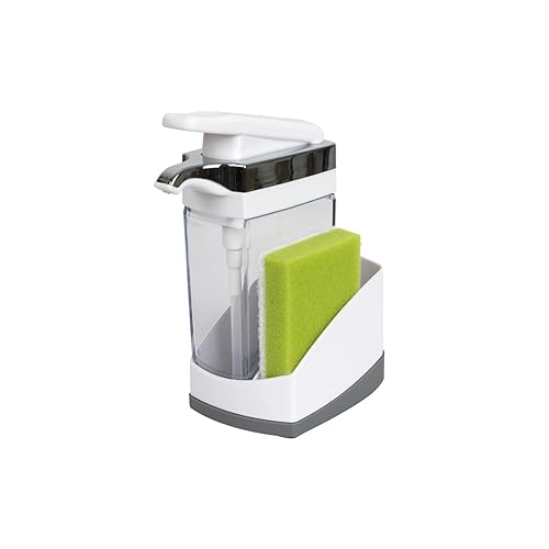Casabella Sink Sider Solo Soap Pump and Sponge Caddy for Kitchen Sinks, Kitchen Sink Organizer Sponge Caddy and Soap Pump Combo, White