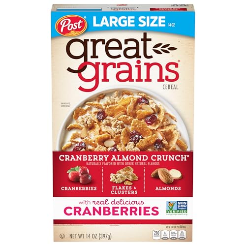Great Grains Cranberry Almond Crunch Breakfast Cereal for Adults, Dried Cranberries and Almonds, Made with Whole Grain, Non-GMO, Heart Healthy, 14 OZ