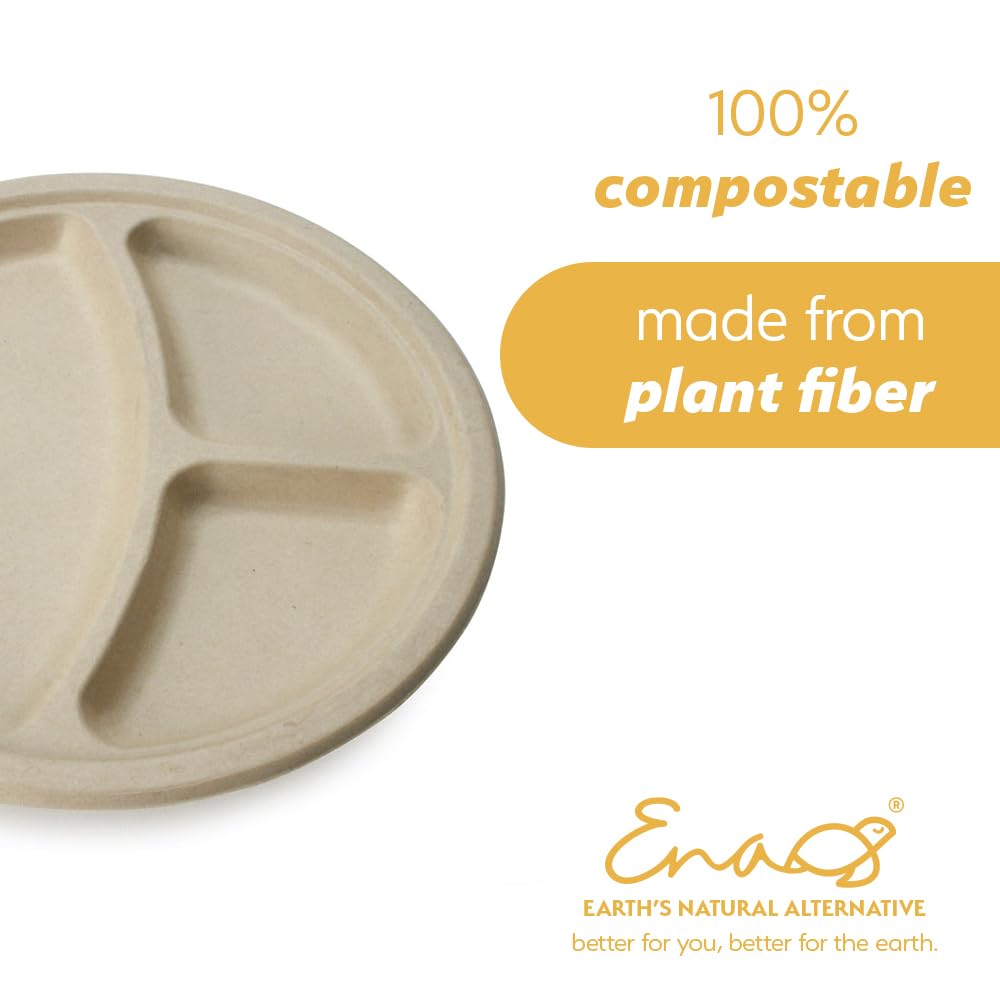 100% Compostable Disposable Paper Plates Bulk [10" 3-Comp 50 Pack], Bamboo Plates, Eco Friendly, Biodegradable, Sturdy Large Dinner Party Plates