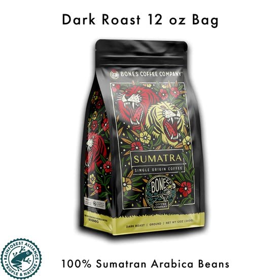 Bones Coffee Company Sumatra Single-Origin, Dark Chocolate, Smoky Earthy Notes, Whole Coffee Beans, Low Acid Darl Roast Arabica Beans Flavored Coffee