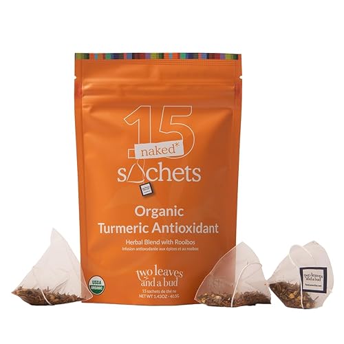 Two Leaves and a Bud Organic Turmeric Antioxidant - 15 Naked Tea Sachets, Naturally Caffeine Free, Whole Leaf Herbal Tea in Unwrapped Pyramid Sachets