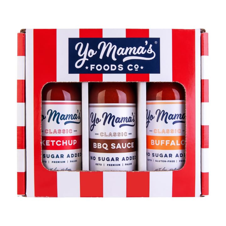 Yo Mama’s Foods Low Carb Condiments Gift Set | Includes (1) Buffalo Sauce, (1) Classic Ketchup, (1) BBQ Sauce | Keto-Paleo | All-Natural | Gluten-Free