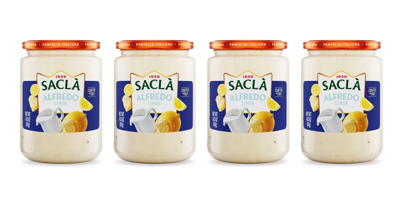SACLA Alfredo Pasta Sauce with Lemon 4-Pack | Creamy Italian White Pasta Sauce with Cheese & Lemon | FOUR 14.5 oz Glass Jars | Imported from Italy |