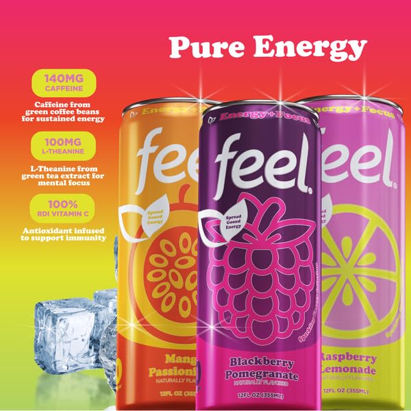 FEEL Variety Pack - Sparkling Zero Sugar Energy Drink - 3 Flavor Assortment, 140mg Plant-Based Caffeine from Green Coffee Beans + L-Theanine - Vitamin