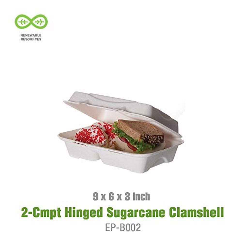Eco-Product EP-B002 Plant Based Plastic 2 Compartment Renewable and Compostable Sugarcane Clamshell, 9" Length x 6" Width x 2-1/2" Height (Case of 2