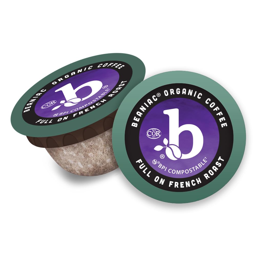 beaniac Organic Full On French Roast, Dark Roast, Single Serve Compostable K Cup Coffee Pods, Organic Arabica Coffee, Keurig Brewer Compatible, 30