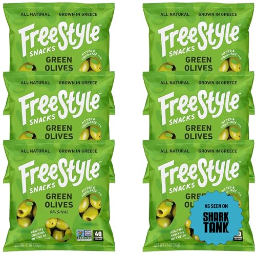 Freestyle Snacks Olive Snack Packs - As Seen on Shark Tank - Single Serve - Fresh Pitted Green Olives, Grown in Greece, All Natural, Non-GMO