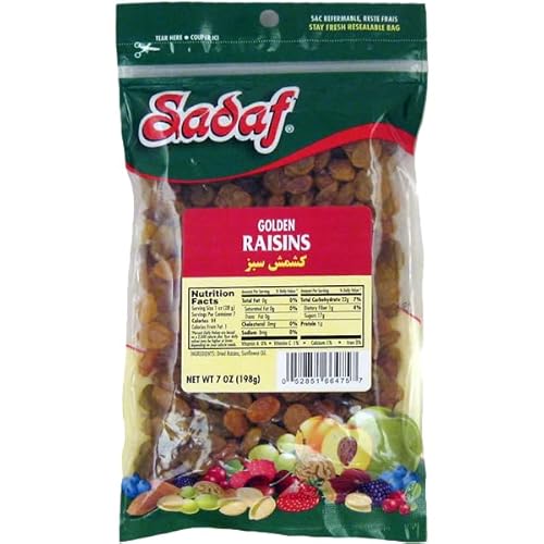 Sadaf Golden Raisins - Golden Sultanas for Cooking and Food Flavoring - Middle Eastern Cuisine - 7 Oz Resealable Bag