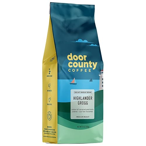 Door County Coffee Highlander Grogg DECAF Flavored Whole Bean - 10 oz Bag - Medium Roast - 100% Specialty Arabica - Flavored Gourmet - Highlander