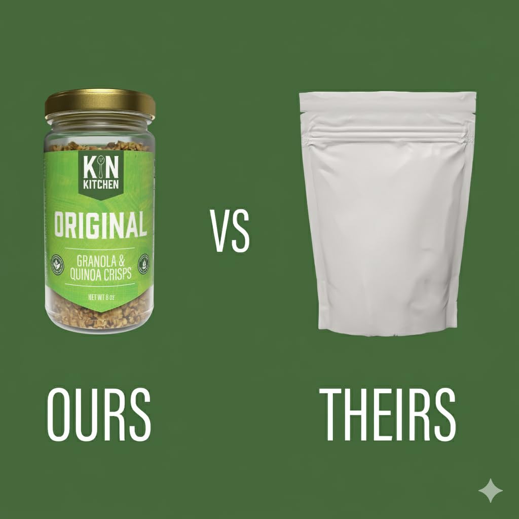 Kin Kitchen non-GMO Granola & Organic Quinoa Crisps, in a Glass Jar Recyclable and Resusable. Made with Real Fruit. No Aritificial Colors, Flavors, or