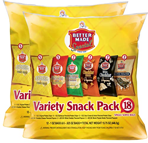 Better Made Special Snack Food Variety Packs Potato Chips & Popcorn 18ct (Pack of 2) 15.75 oz Each - Original, Sour Cream Onion, BBQ, Barbecue, White
