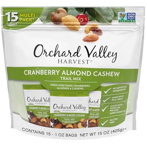 Orchard Valley Harvest Cranberry Almond Cashew Trail Mix, 1 Ounce (Pack of 15), Cranberries, Almonds, Cashews, Trail Mix Individual Packs, Snacks