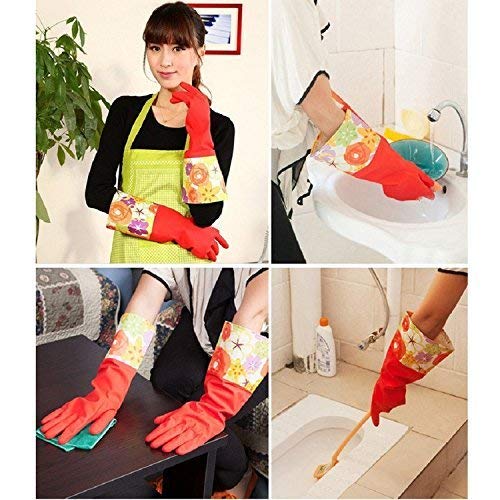 Home & Style 3 Pair Decorative Boutique Latex Cleaning Dishwashing Gloves With Fancy Cuff with Flock Lining