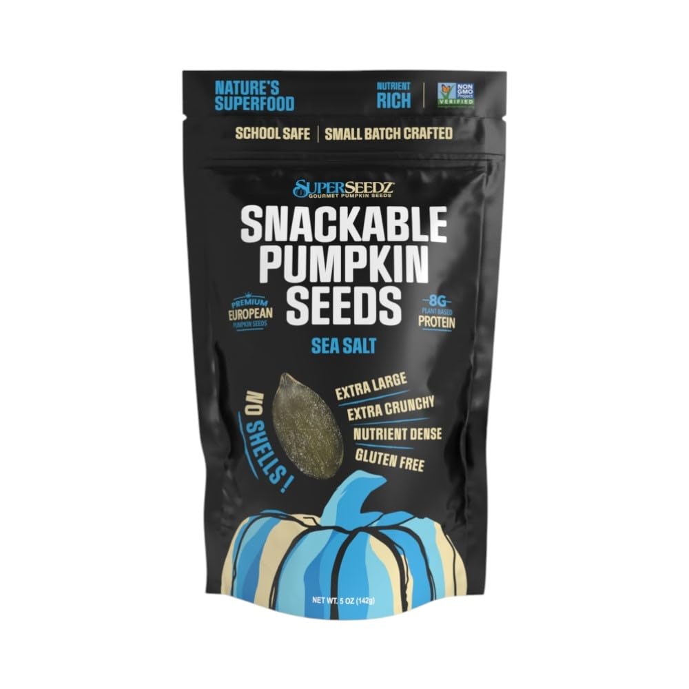 SuperSeedz Dry Roasted Pumpkin Seeds with Sea Salt - 8g Protein, Non-GMO Gluten-Free, Keto Snacks - Nut Free & School Friendly Organic Pumpkin Seeds