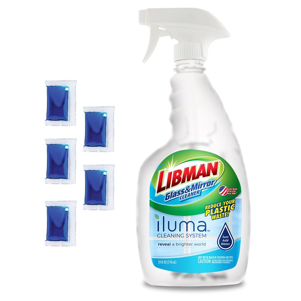 Libman Iluma Glass & Mirror Cleaner | Household Cleaning Products | Cleaning Supplies | Refillable Bottle | Glass Cleaner Spray | 24 fl oz Window