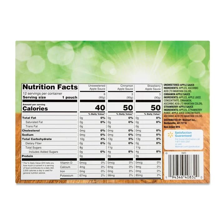 Great Value Apple Sauce Variety Pack, Unsweetened, Cinnamon & Strawberry, 3.2 oz Pouches, 12 Count, Pack of 2, 24 Pouches Total, 76.8 oz