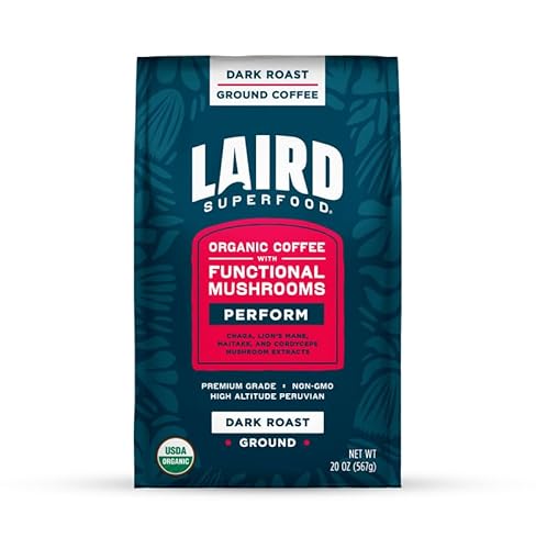 Laird Superfood Peruvian Dark Roast Coffee with Functional Mushrooms, Certified Organic Peruvian Ground Coffee Beans, Gluten-Free, Dairy-Free