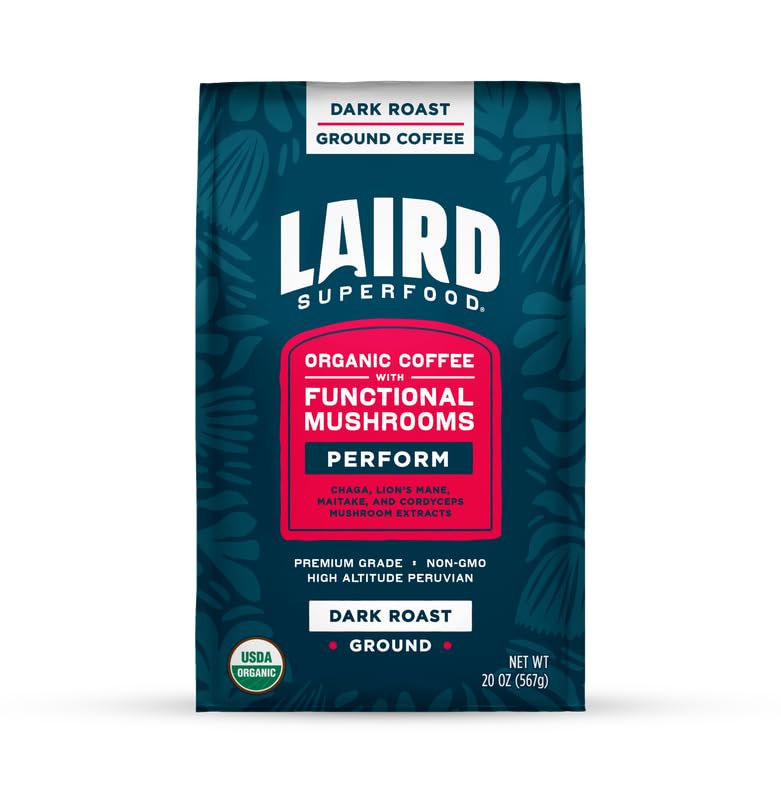 Laird Superfood Peruvian Dark Roast Coffee with Functional Mushrooms, Certified Organic Peruvian Ground Coffee Beans, Gluten-Free, Dairy-Free